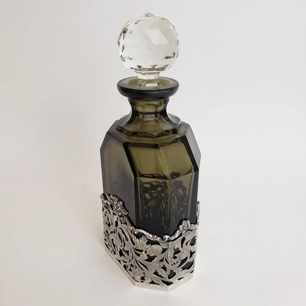 VTG BW Van Eldik Green Glass & Sterling Silver‎ Decanter. Netherlands. 126g 925